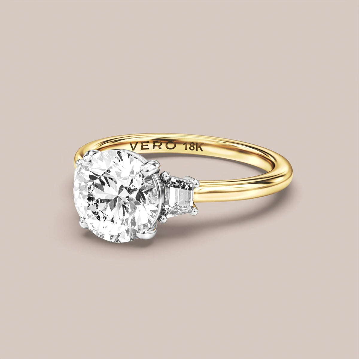 Classic Trinity with Trapezoid Side Diamonds engagement ring in 18K two-tone gold