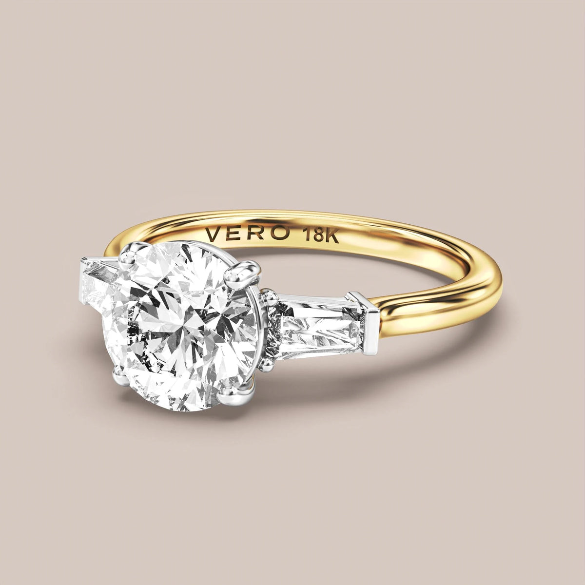 Classic Trinity with Tapered Baguette Side Diamonds engagement ring in 18K two-tone gold