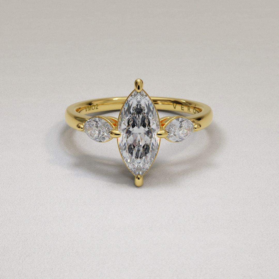 18 Karat Yellow Gold Marquise Shape Brilliant Cut Diamond Trinity Style Engagement Ring