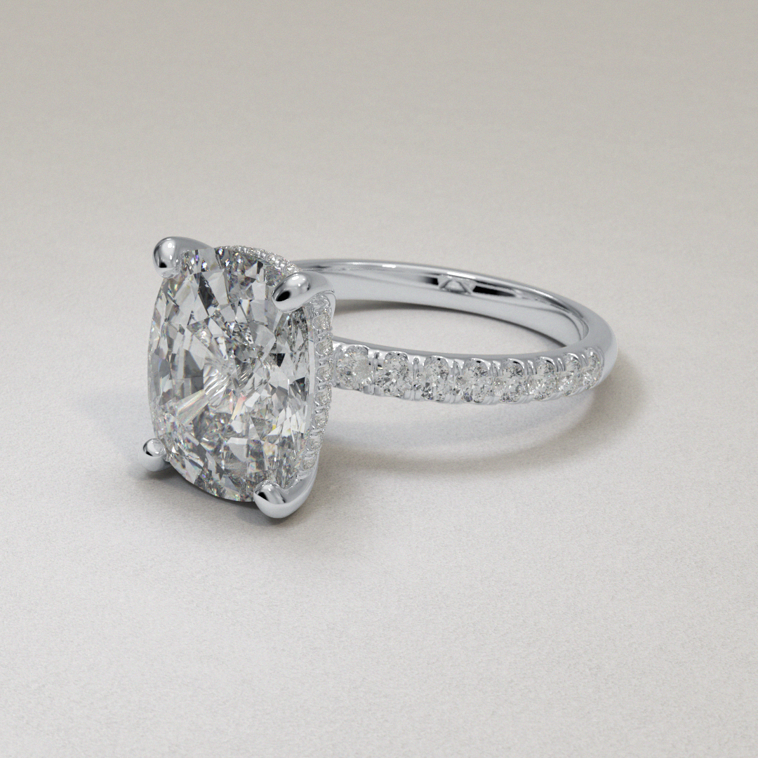 18 Karat White Gold Elongated Cushion Cut Diamond Hidden Halo Engagement Ring with Dainty Side Diamonds Shank