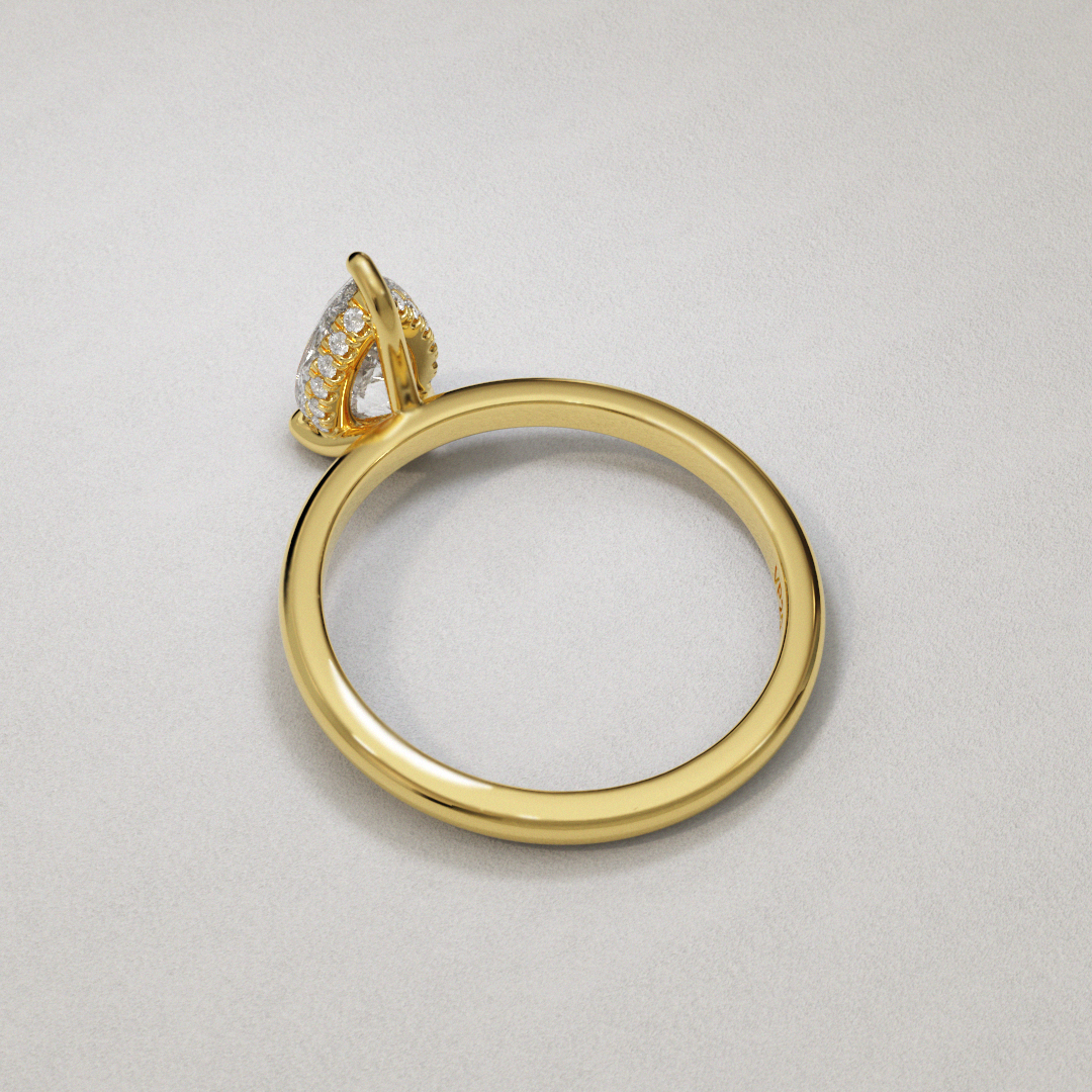 18 Karat Yellow Gold Pear Shape  Brilliant Cut Diamond Hidden Halo Engagement Ring with Dainty Shank